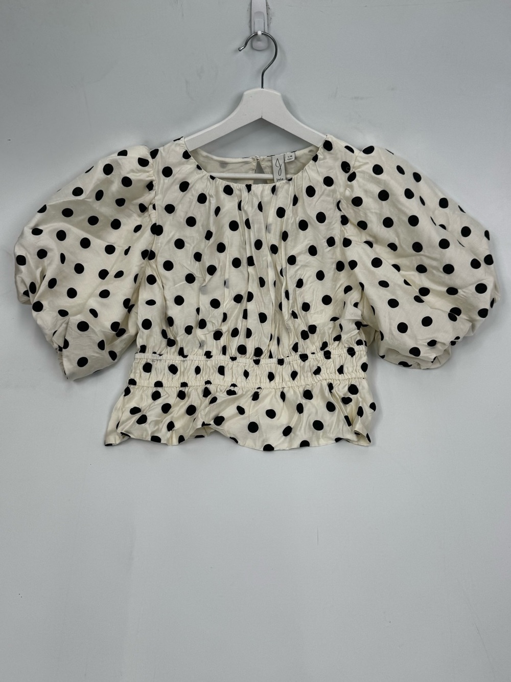 Joie Polka Dot Puff-Sleeve Smocked Crop Top - Cream/Black Size Large